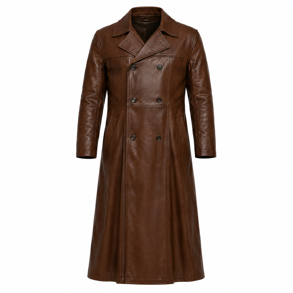 Full-Length Double-Breasted Leather Duster Trench Coat