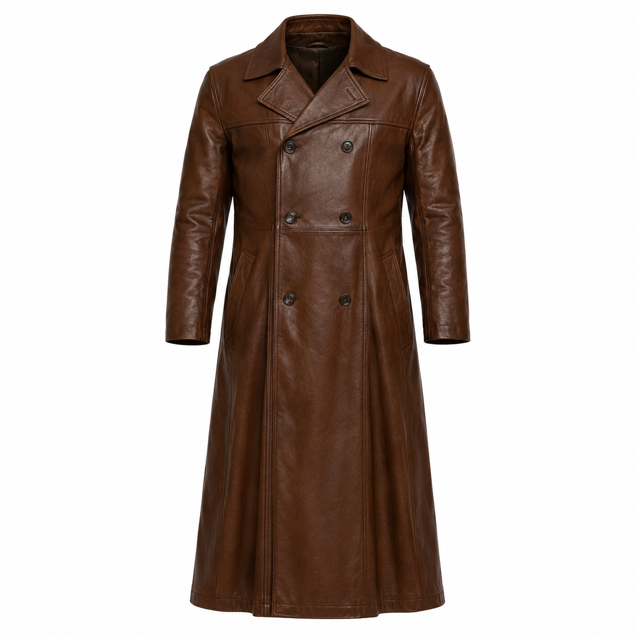 Full-Length Double-Breasted Leather Duster Trench Coat