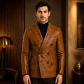 Man Wearing Cognac Leather Blazer with Black Turtleneck Outfit