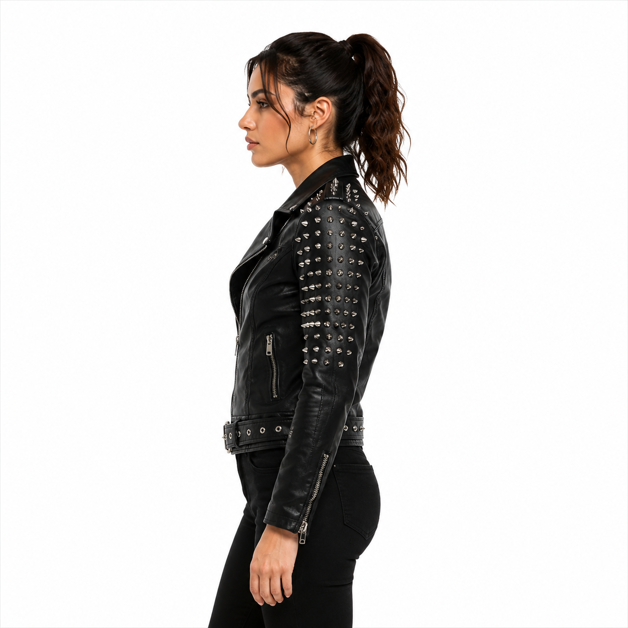 Women's Spiked Leather Jacket Side Profile with Studded Sleeves