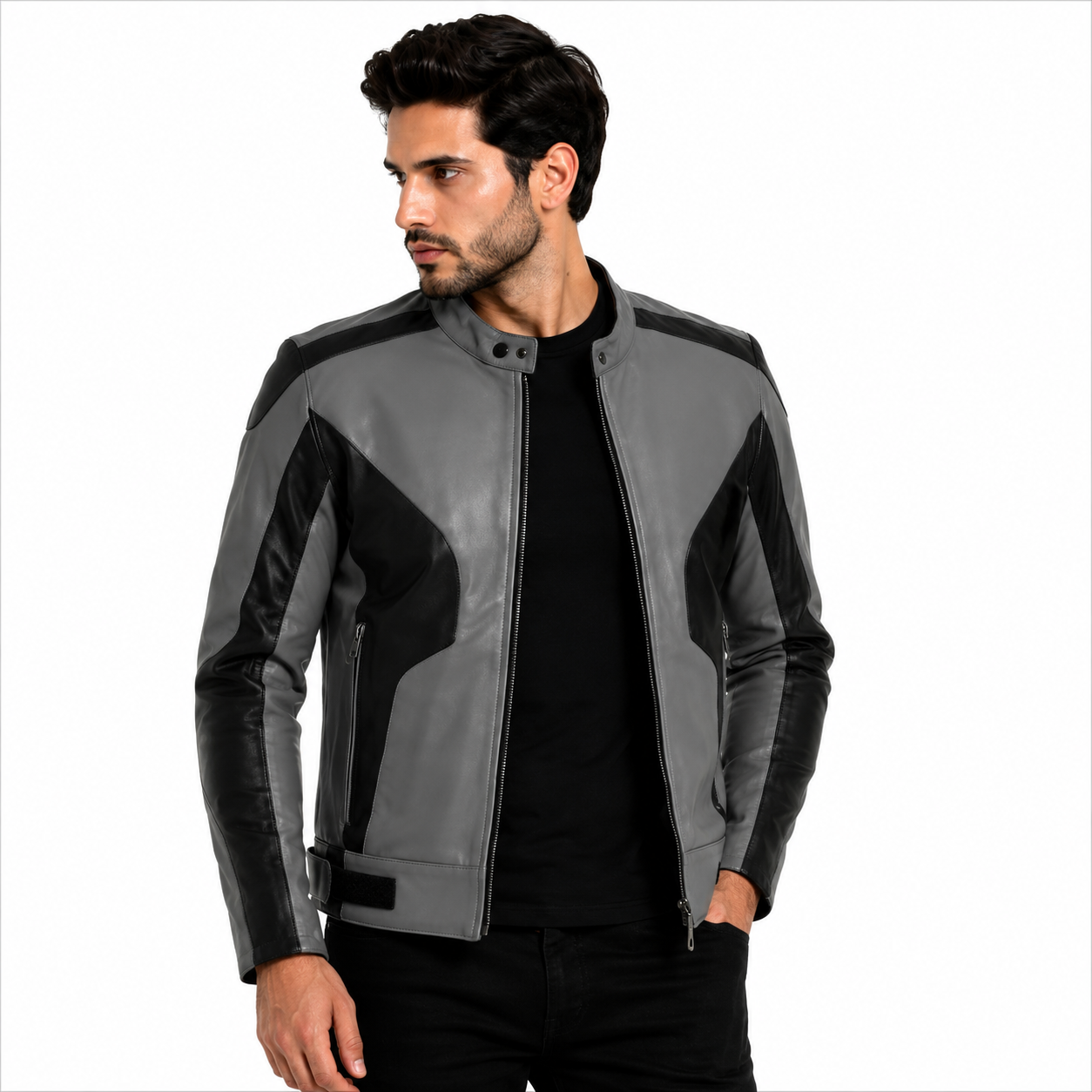 Men's Grey & Black Genuine Leather Biker Jacket
