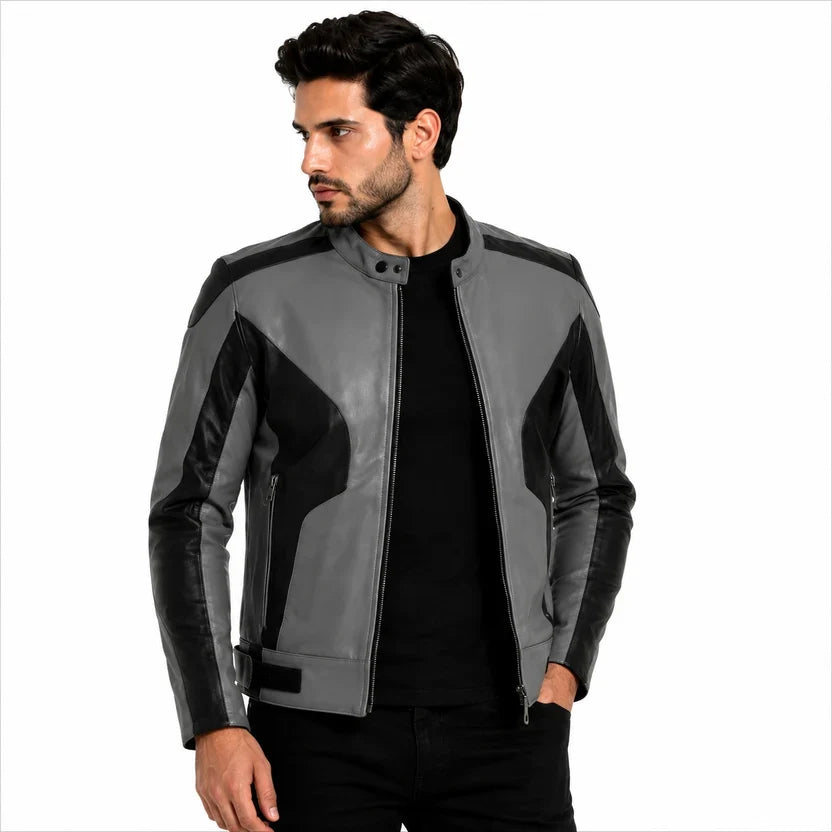 Men's White and Black Genuine Leather Biker Jacket