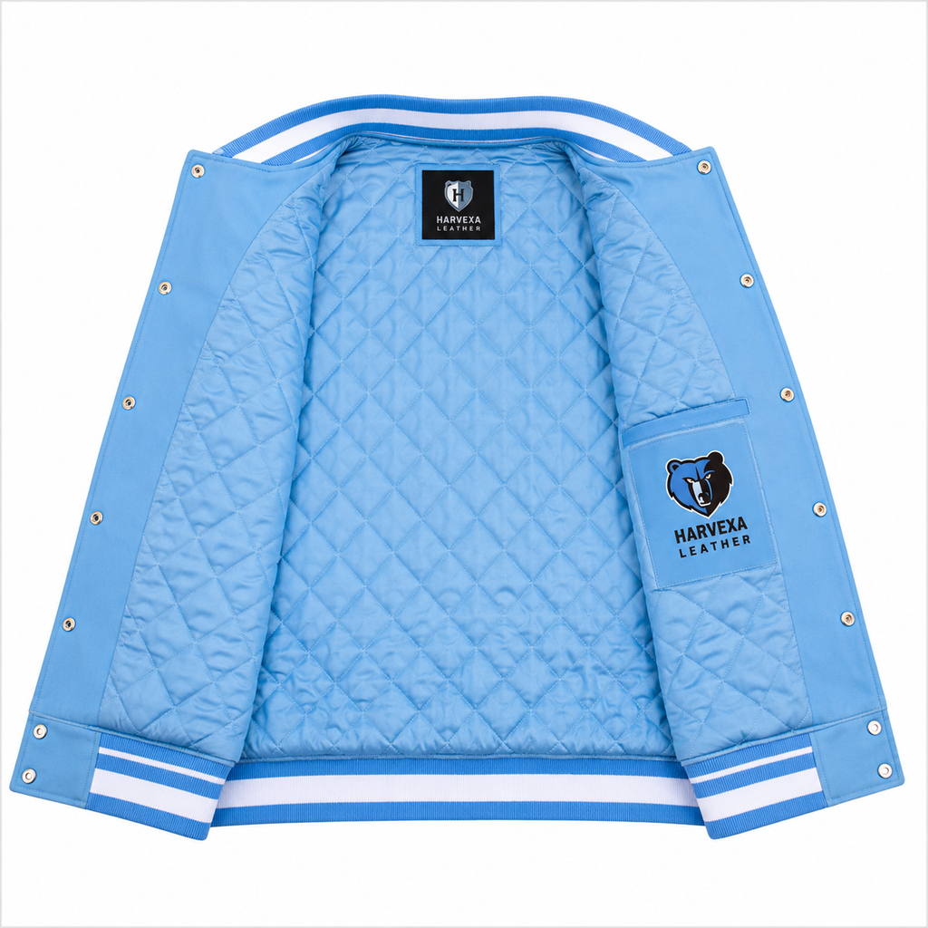 Light Blue and White Memphis Grizzlies NBA Varsity Jacket with Bear Logo Patches