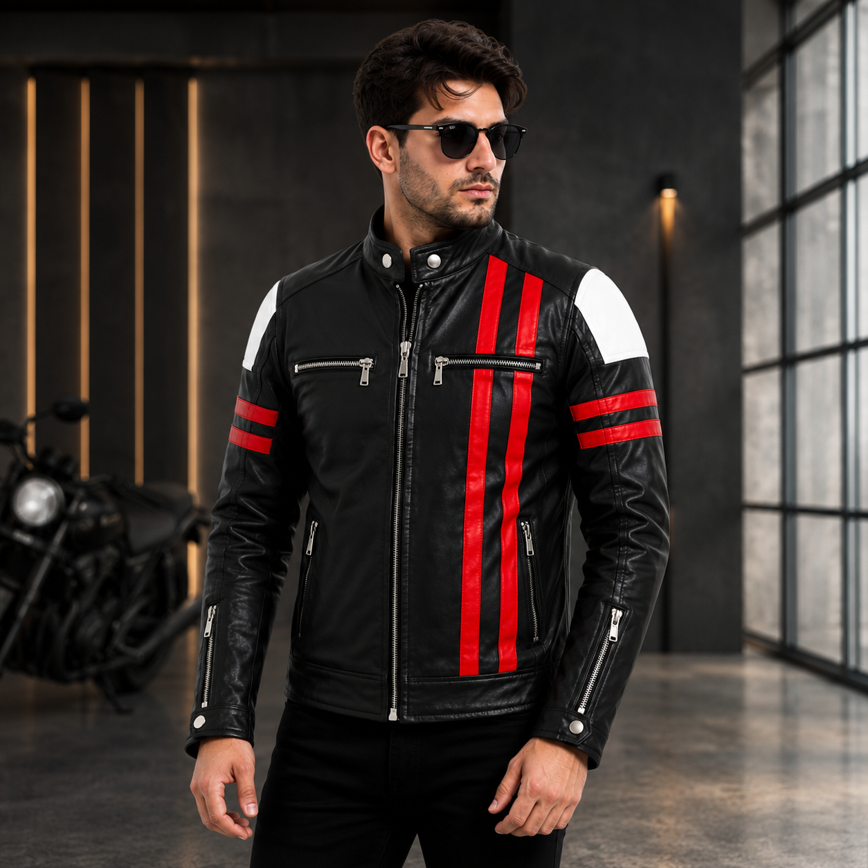 Men's Black Red Leather Cafe Racer Jacket 