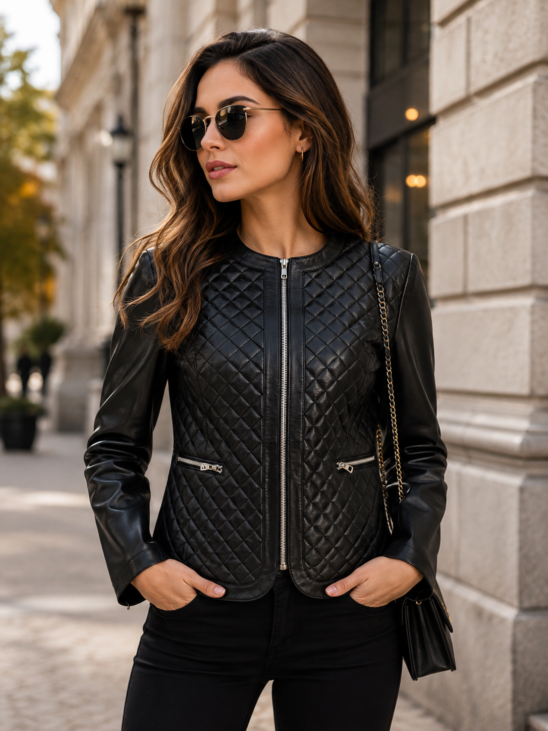 Fashion Women's Leather Collarless Jacket With Quilt Design Joan Black