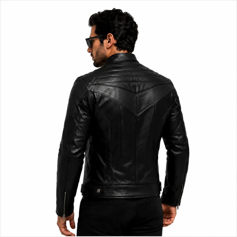 Men's All Black Diagonal Quilted Leather Jacket with Stand Collar