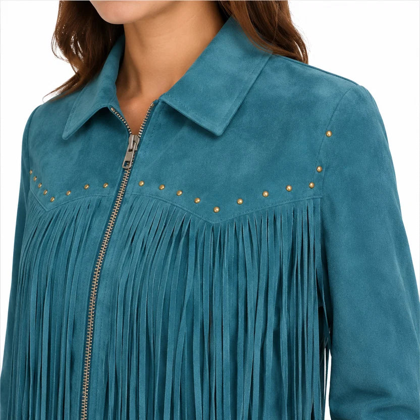long sleeve fringe detail on teal western suede jacket