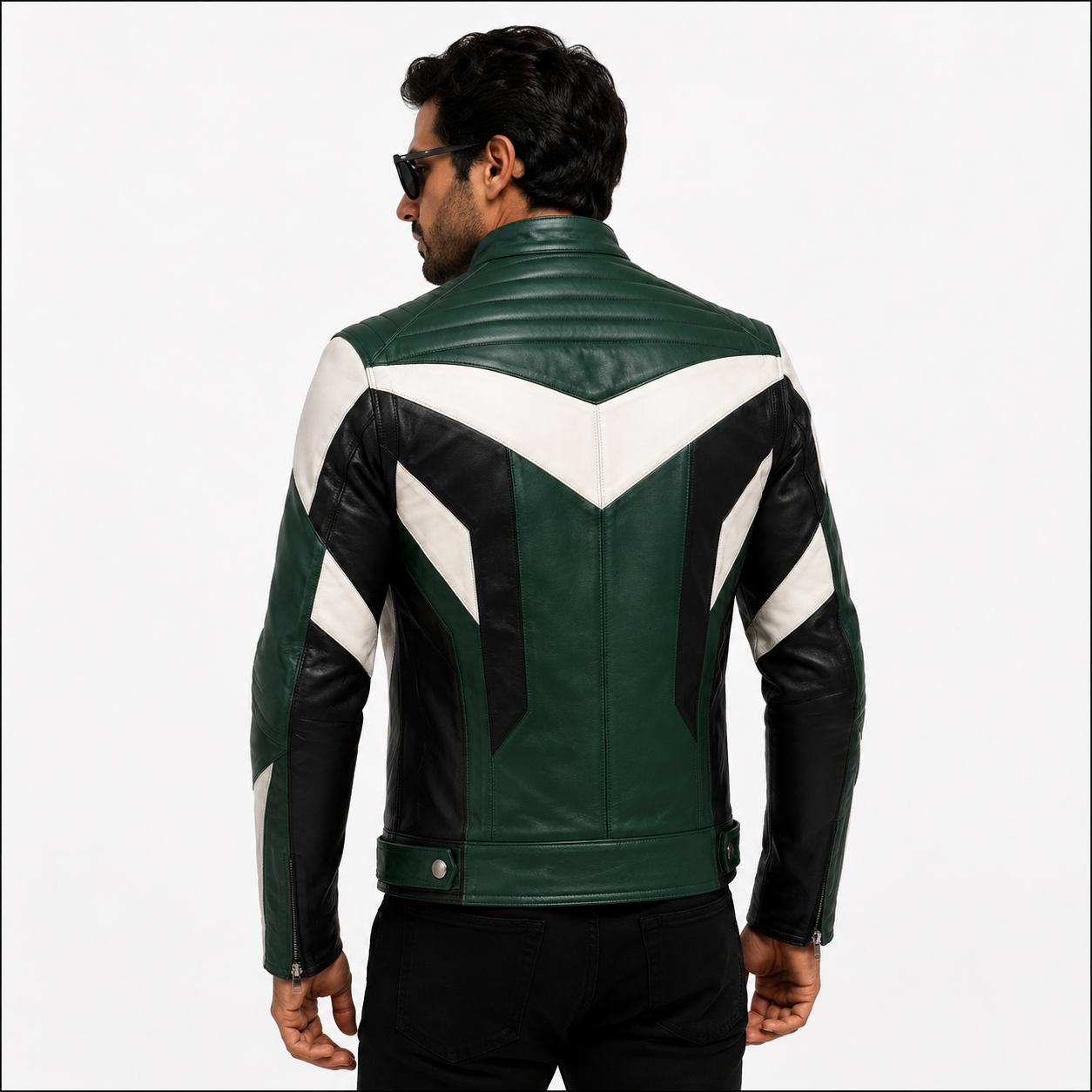 Men's Green, Black & White Racer Leather Jacket