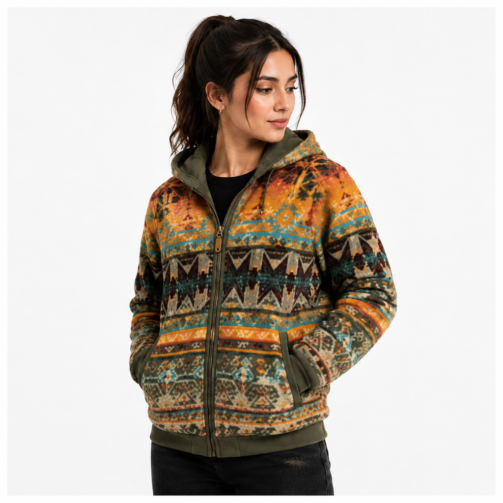 Women's Olive Green Aztec Sunset Sherpa Fleece Hooded Jacket
