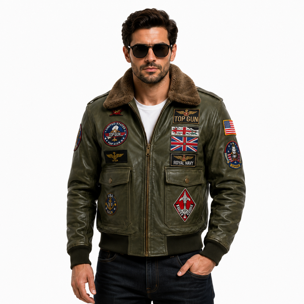 Men's Olive Green Top Gun G-1 Flight Leather Jacket