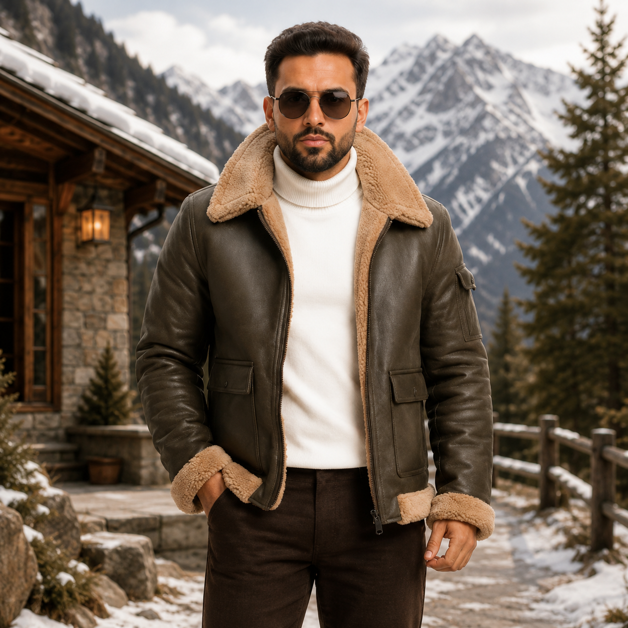 Men's Olive Brown Aviator Bomber Jacket