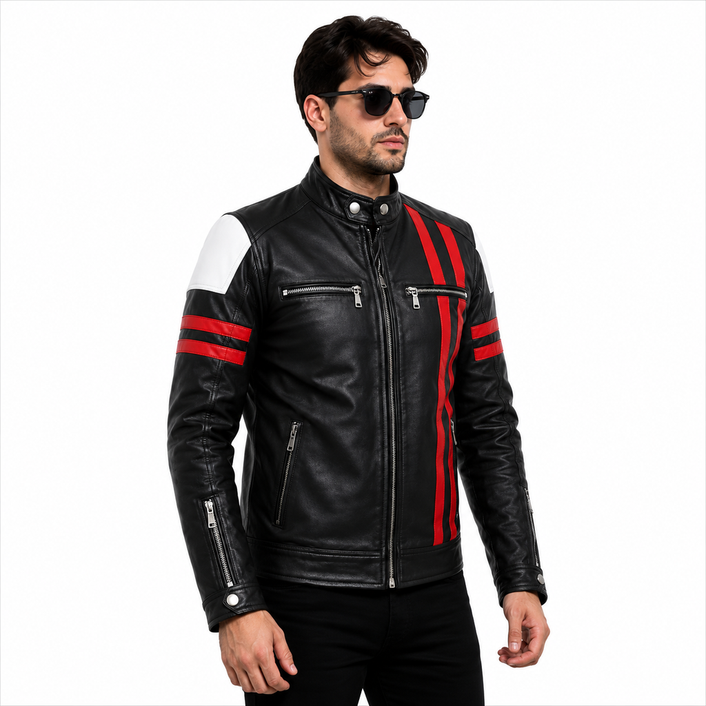 Racing Stripes and Zip Pocket Detail on Leather Jacket