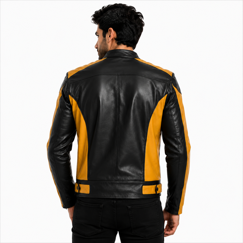 Men's Black & Yellow Genuine Leather Biker Jacket