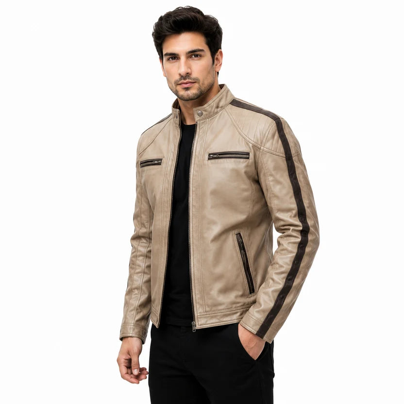 beige leather cafe racer jacket