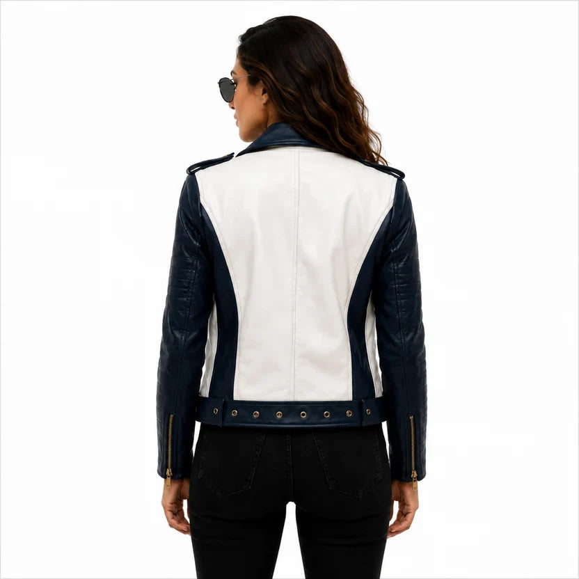 Women's Black & White Genuine Leather Moto Jacket