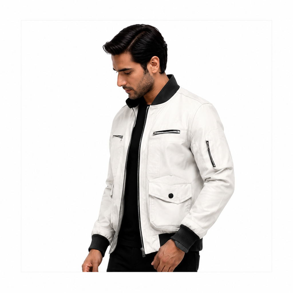 Men's white leather flight bomber jacket