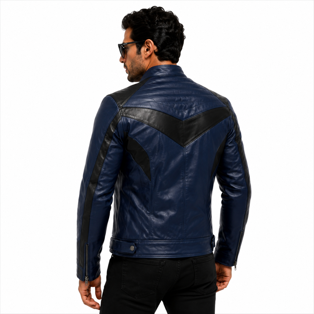 Men's Navy Blue & Black Racer Leather Jacket