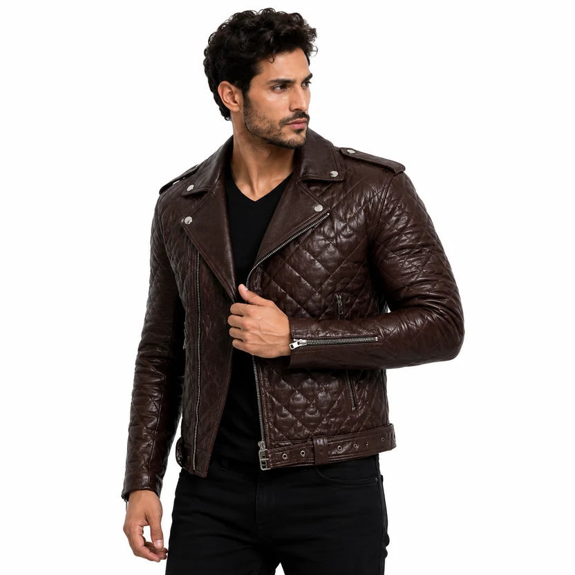 brown quilted biker jacket