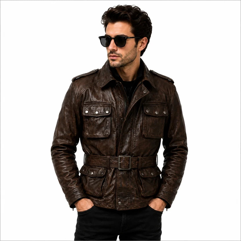 brown distressed leather biker jacket