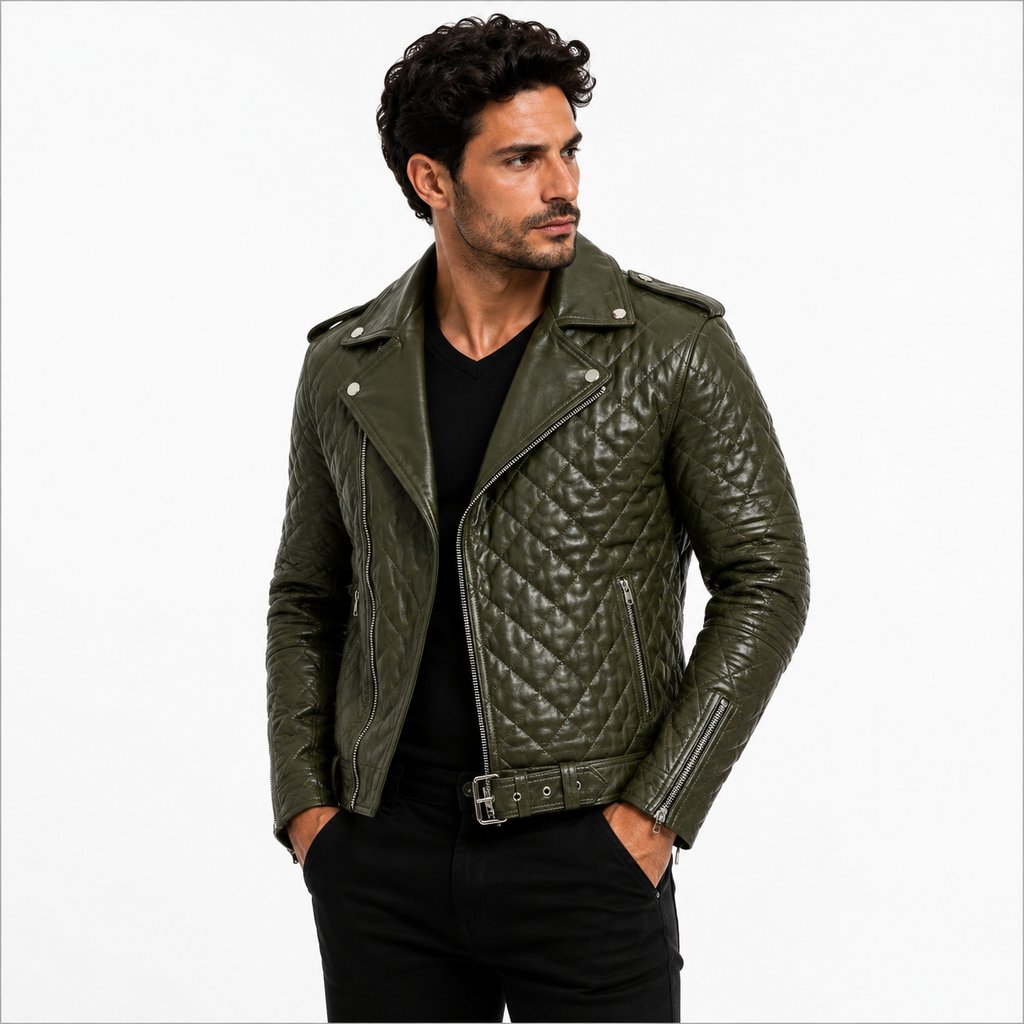 Men's Quilted Olive Green Leather Biker Jacket