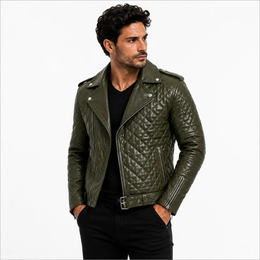 Men's White Leather Quilted Biker Jacket