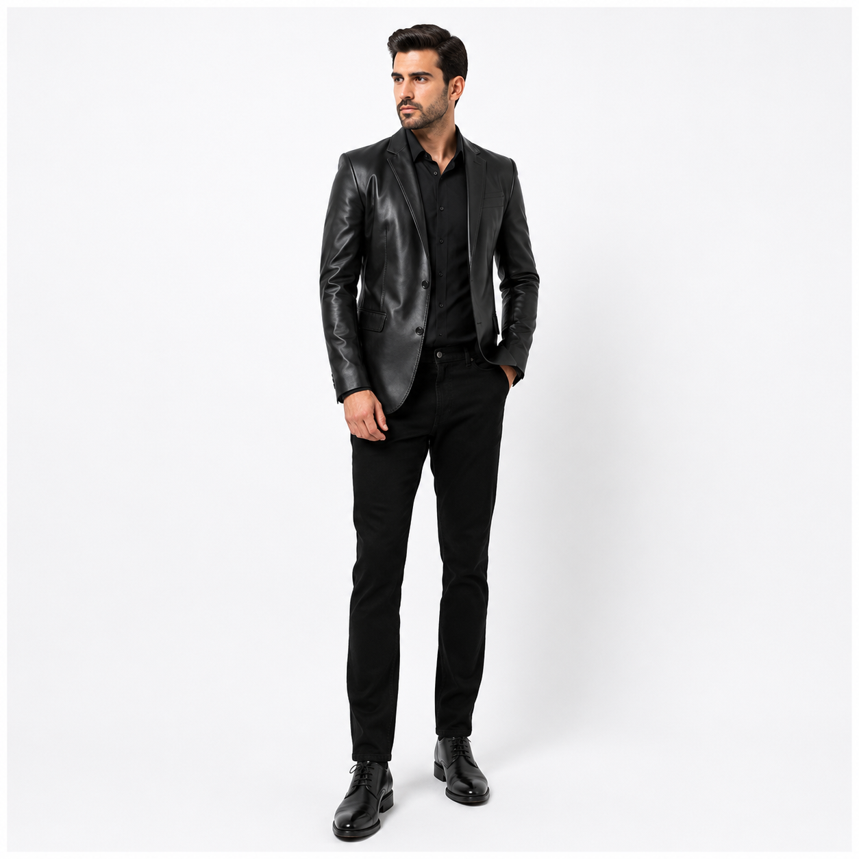 Men's Black Genuine Leather Blazer 2-Button