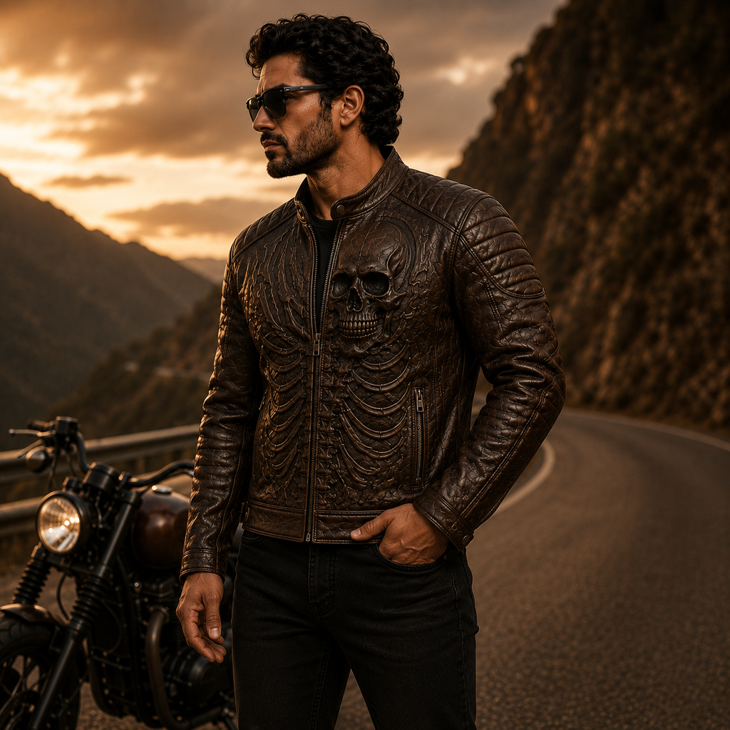Men's Dark Brown Skull Embossed Biker Leather Jacket