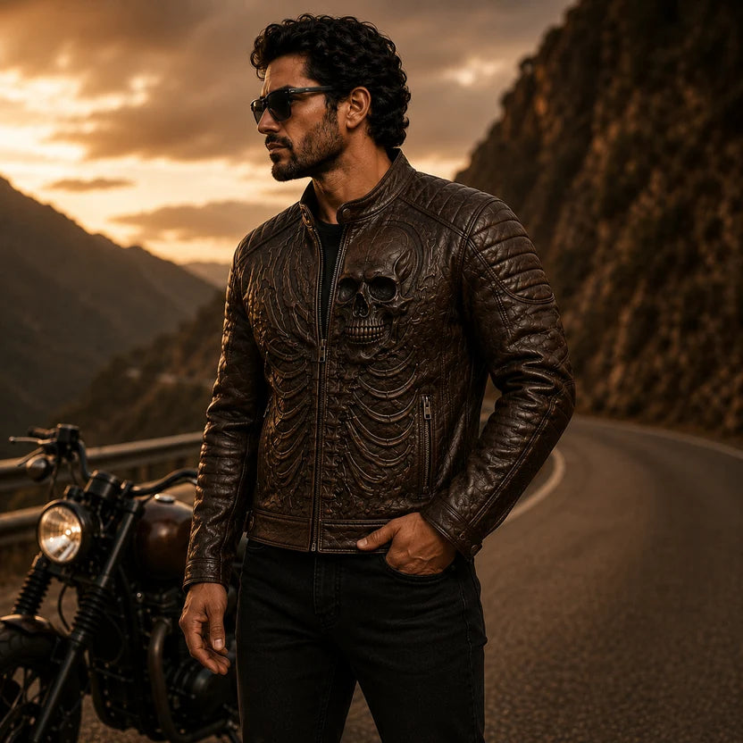 dark brown leather biker jacket