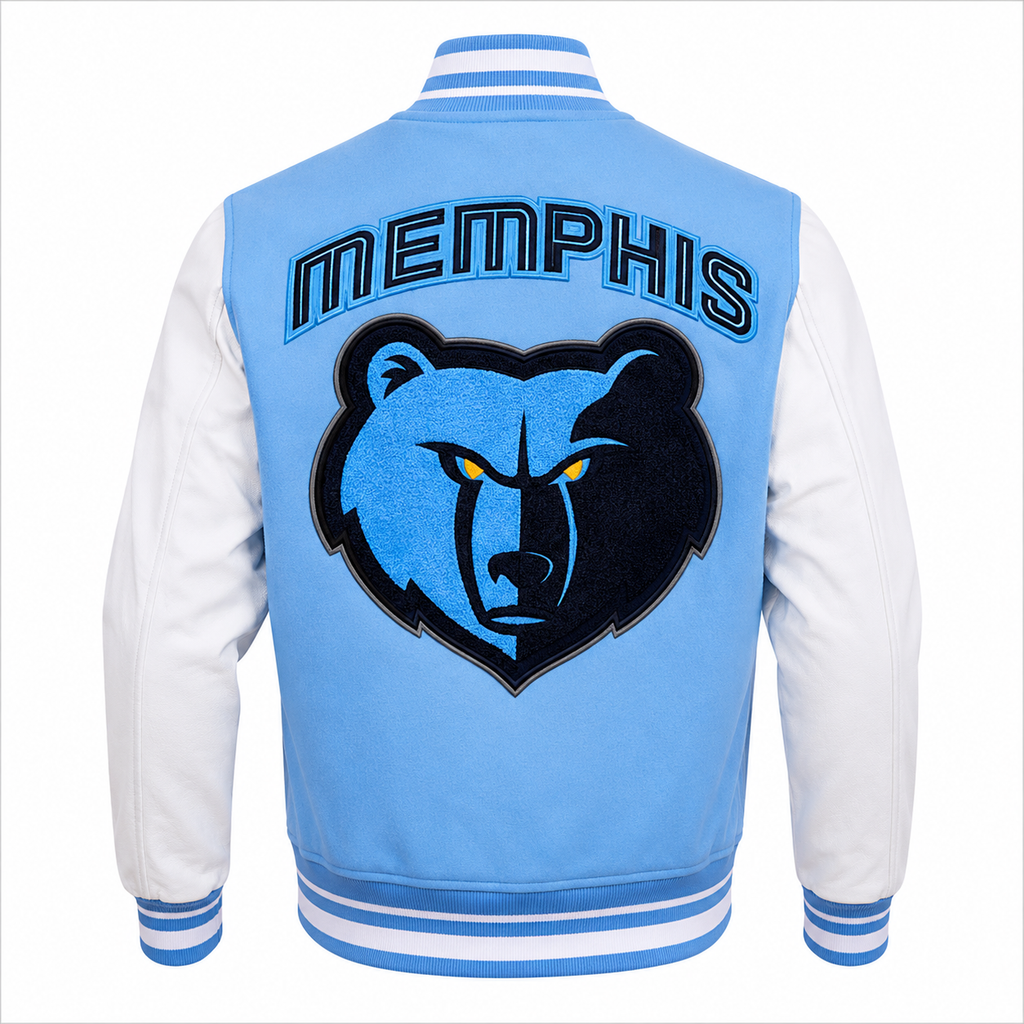 Light Blue and White Memphis Grizzlies NBA Varsity Jacket with Big Bear Logo on Back