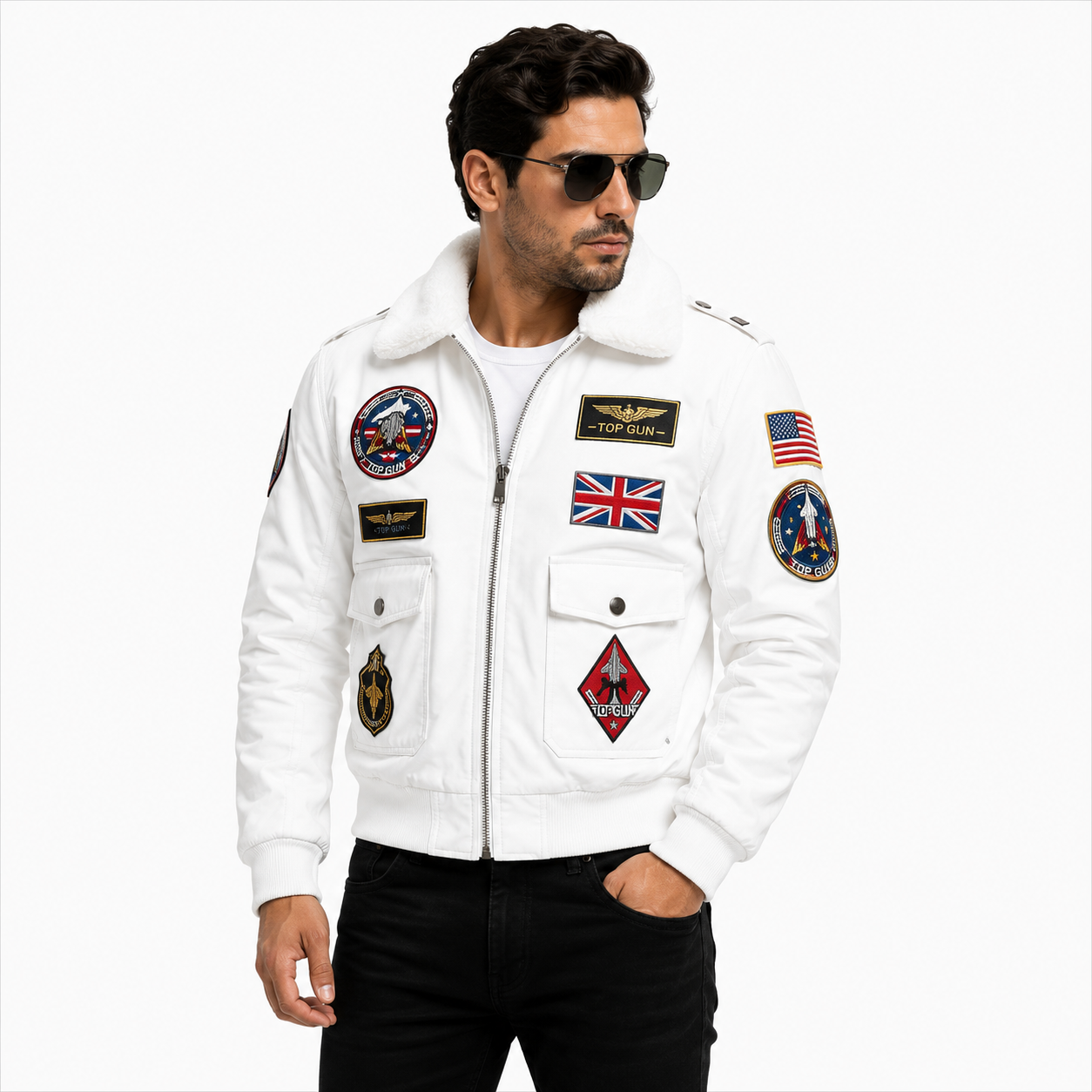 Men's White Top Gun Flight Bomber Leather Jacket with Faux Fur Collar