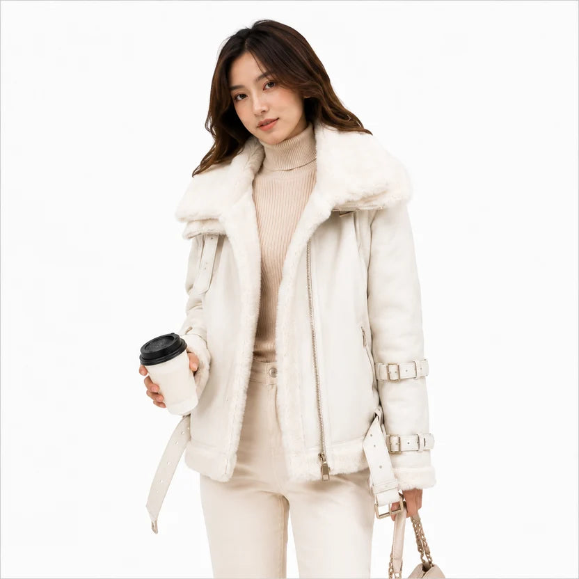  women's off-white genuine leather shearling bomber jacket