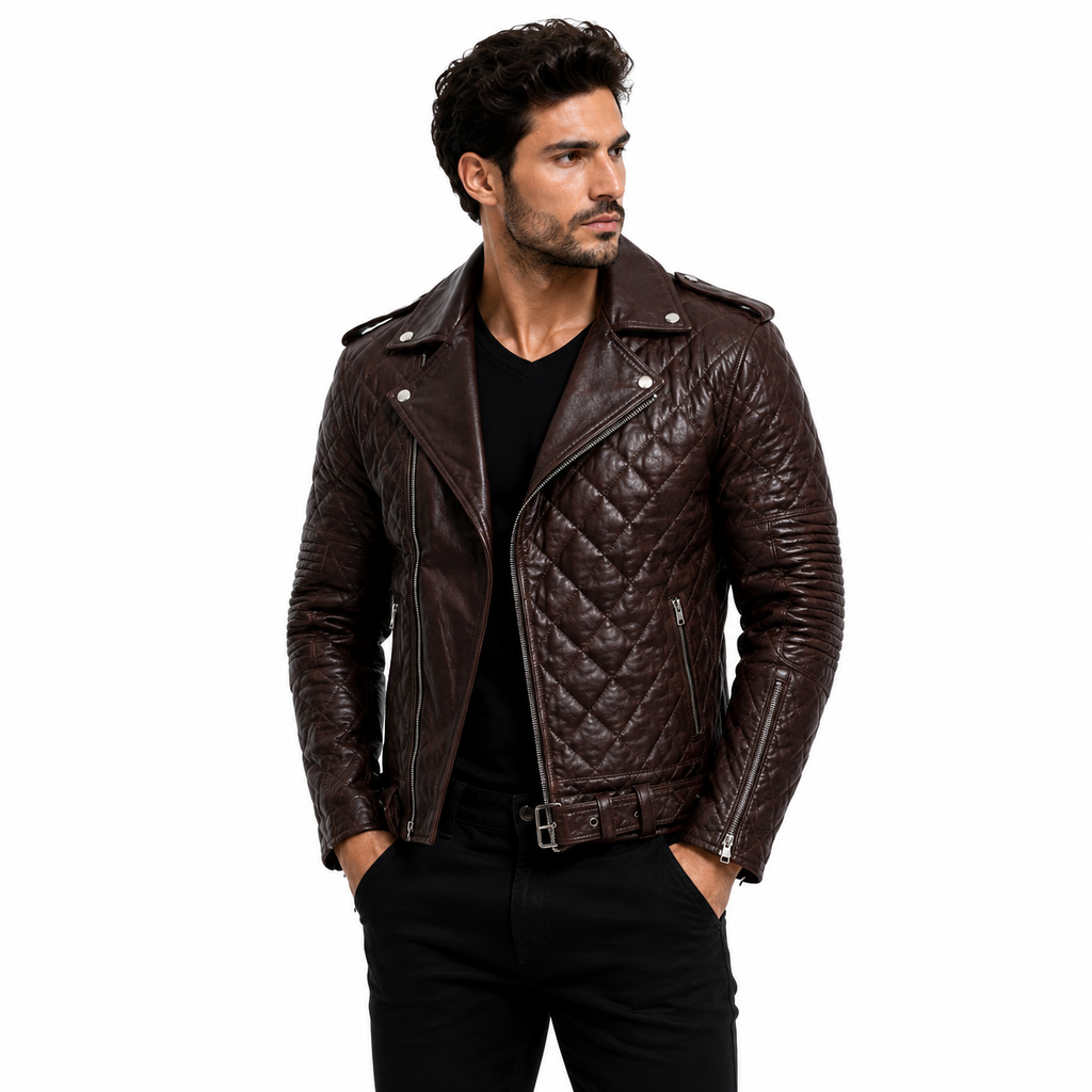 Men's Quilted Brown Leather Biker Jacket