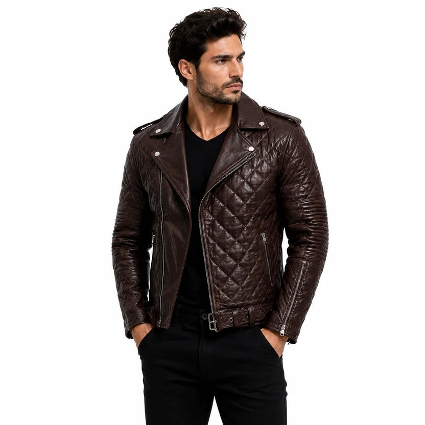 chocolate brown quilted biker jacket