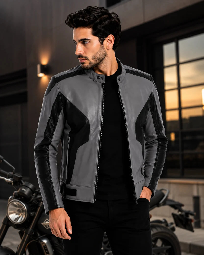 Grey Black Armor Racer Leather Jacket