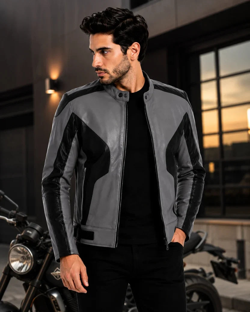 Men's White and Black Genuine Leather Biker Jacket
