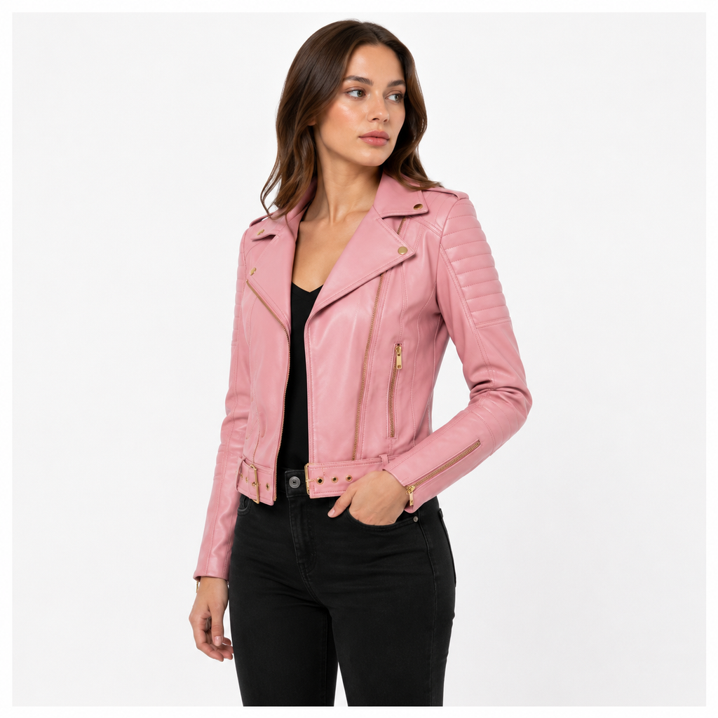 Women's Pink Leather Biker Jacket