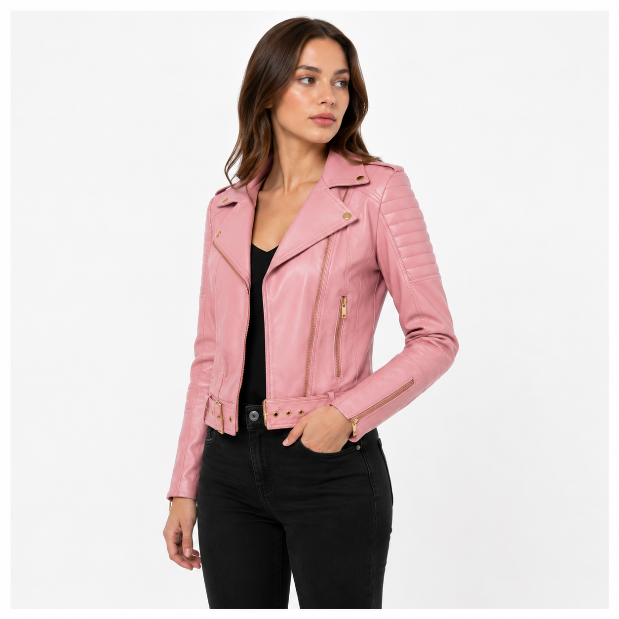 Women's Pink Leather Biker Jacket