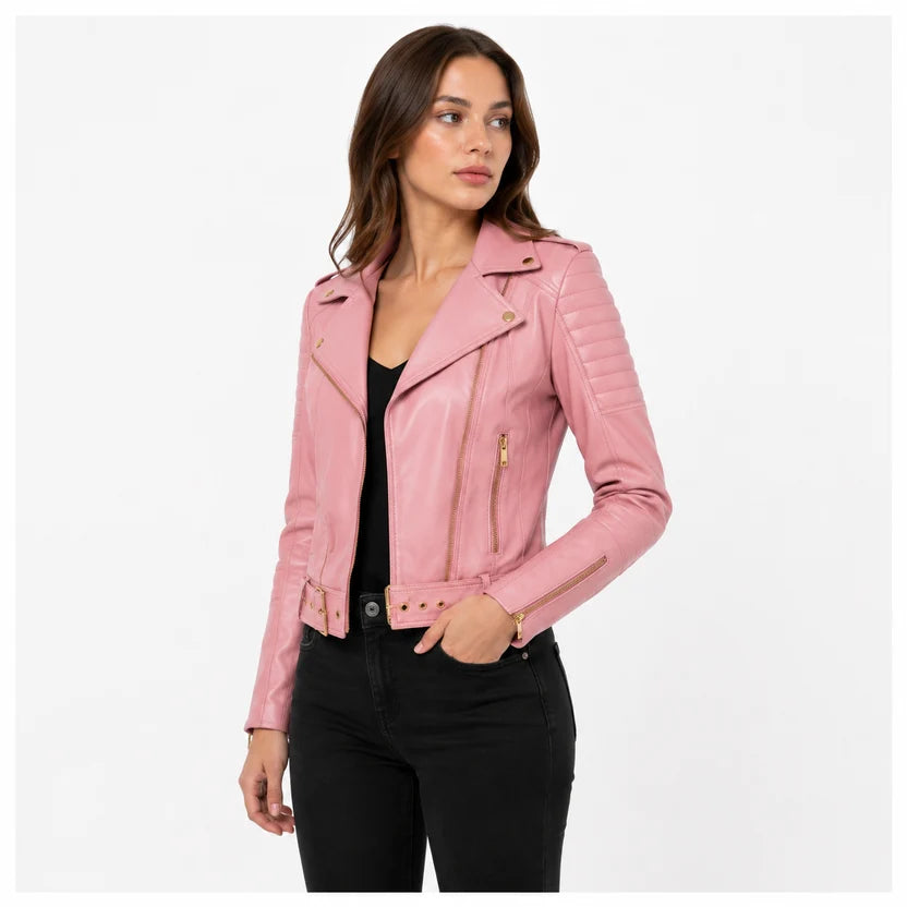 women's pink biker leather jacket