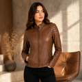 Women's Classic Cognac Brown Cafe Racer Leather Biker Jacket
