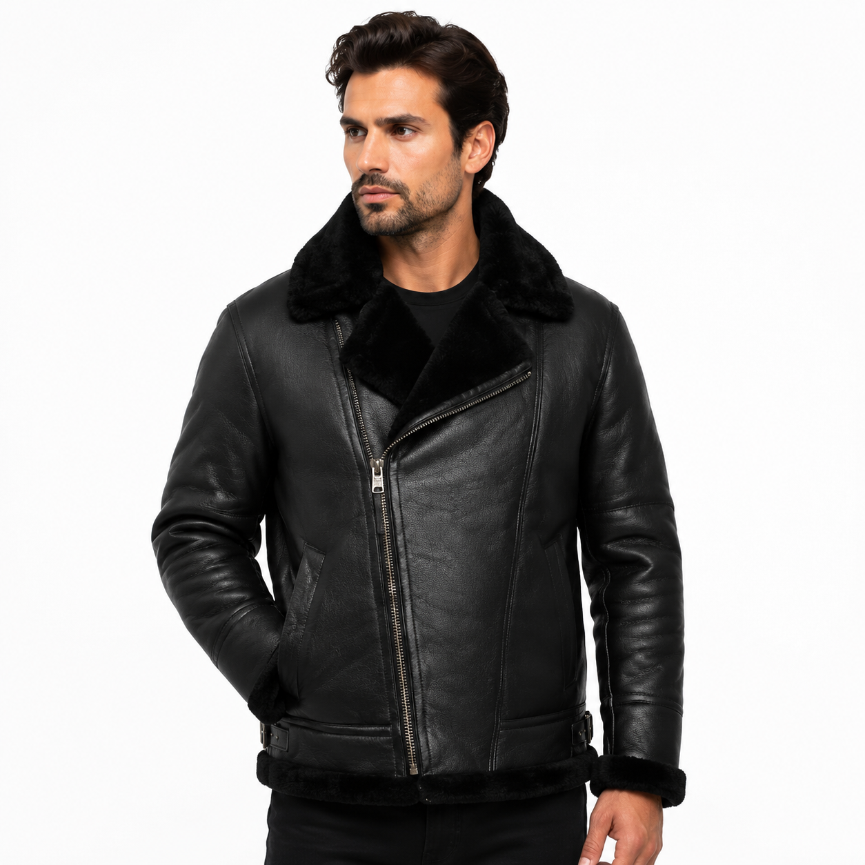 Men's Black Faux Shearling Aviator Biker Jacket
