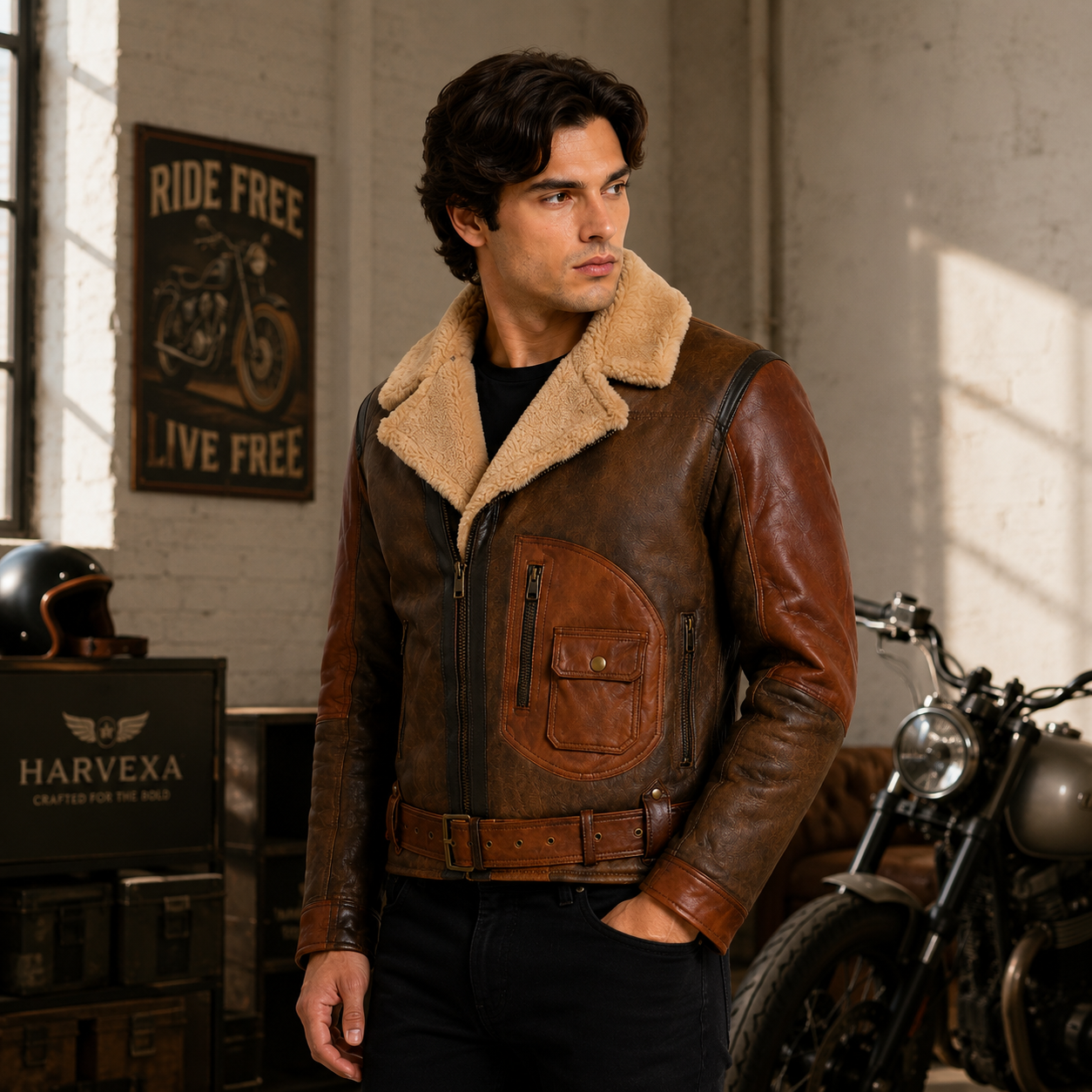 Men's distressed brown shearling aviator jacket