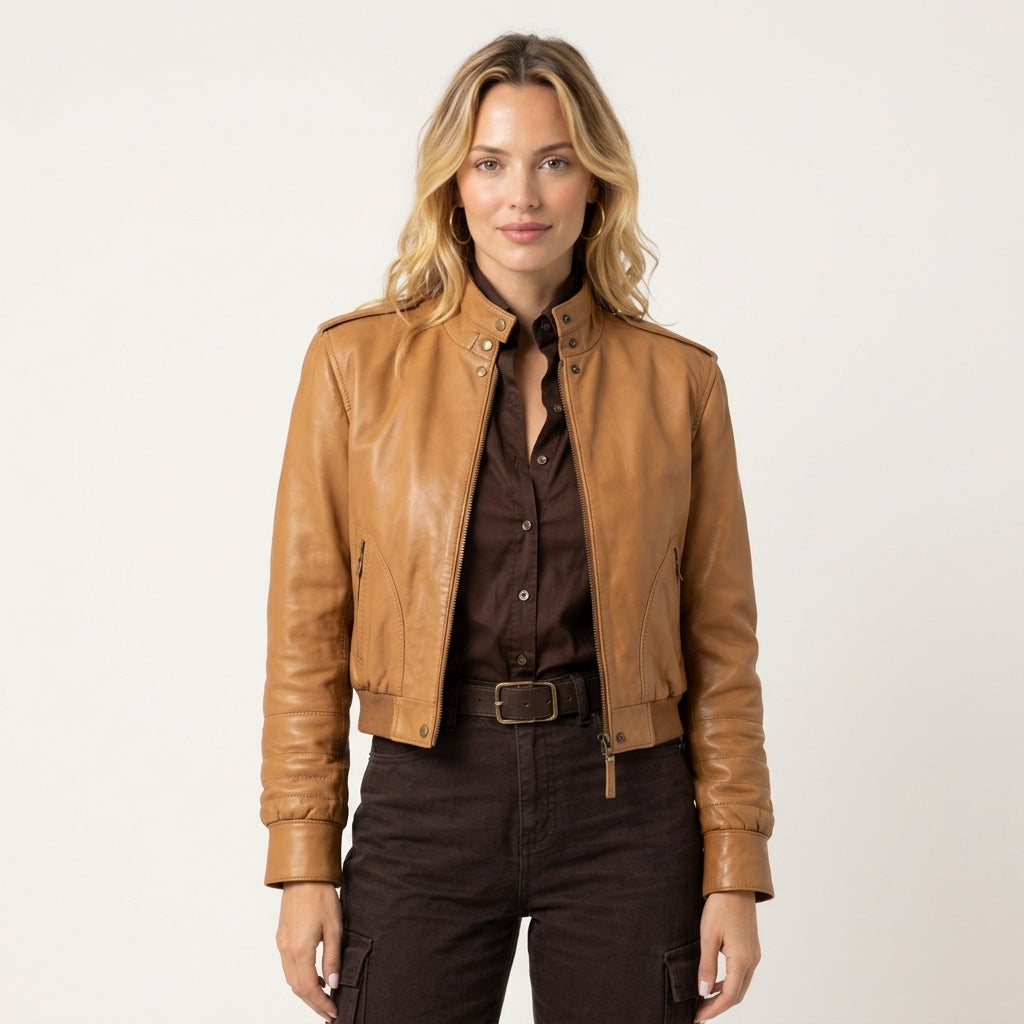 Classic tan women's leather jacket with a fitted design for timeless everyday fashion and modern street style