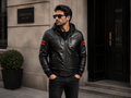 Men's Black Leather Hooded Bomber Jacket