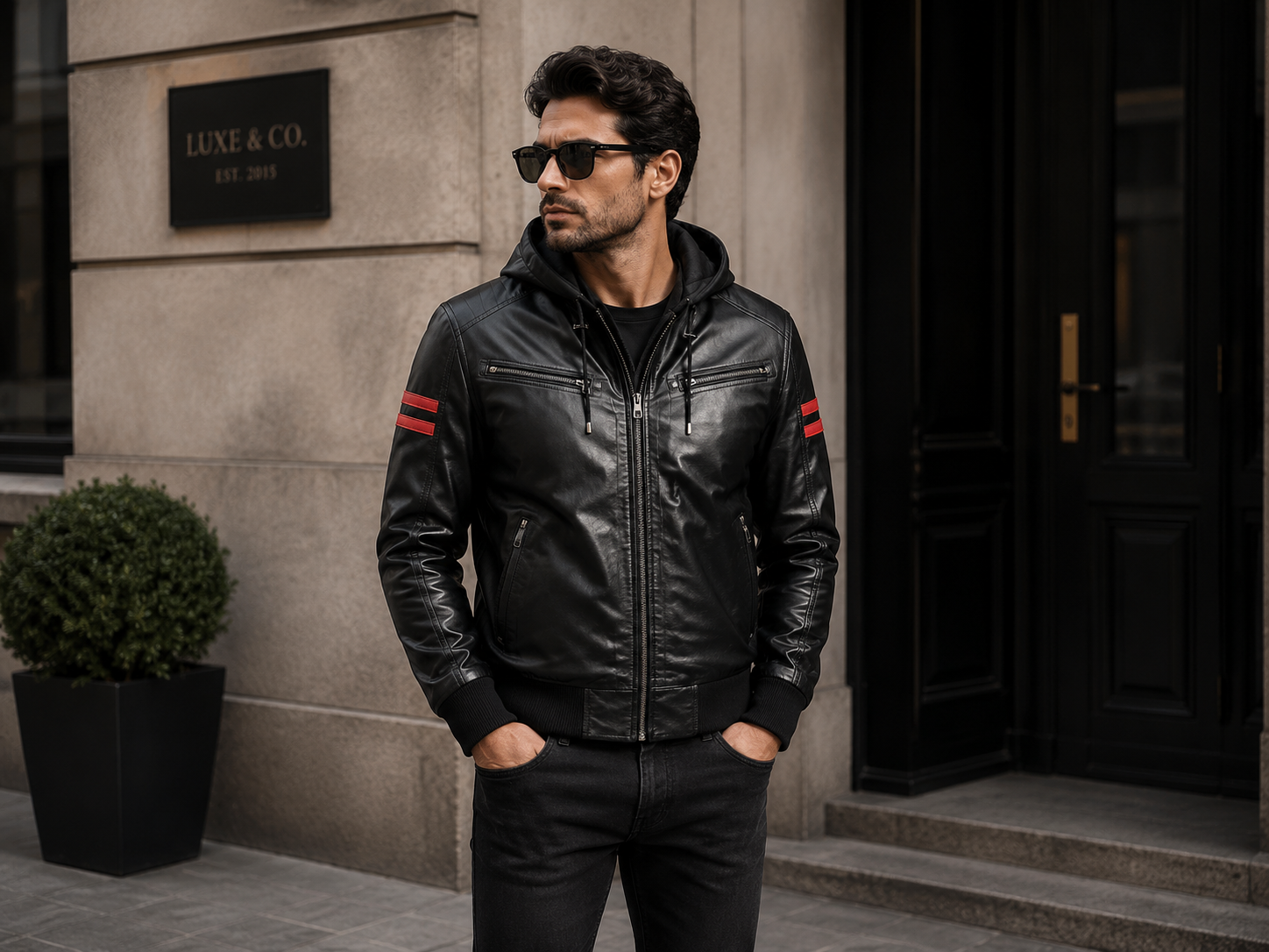 Men's Black Leather Hooded Bomber Jacket