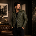 Men's Quilted Olive Green Leather Biker Jacket