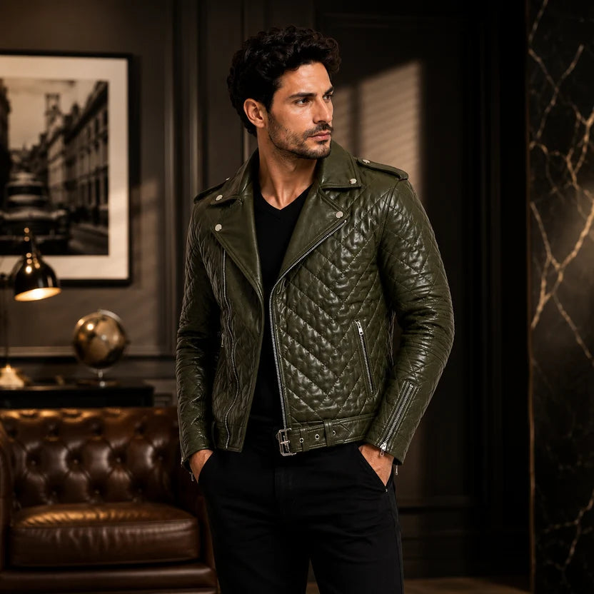 Men's White Leather Quilted Biker Jacket