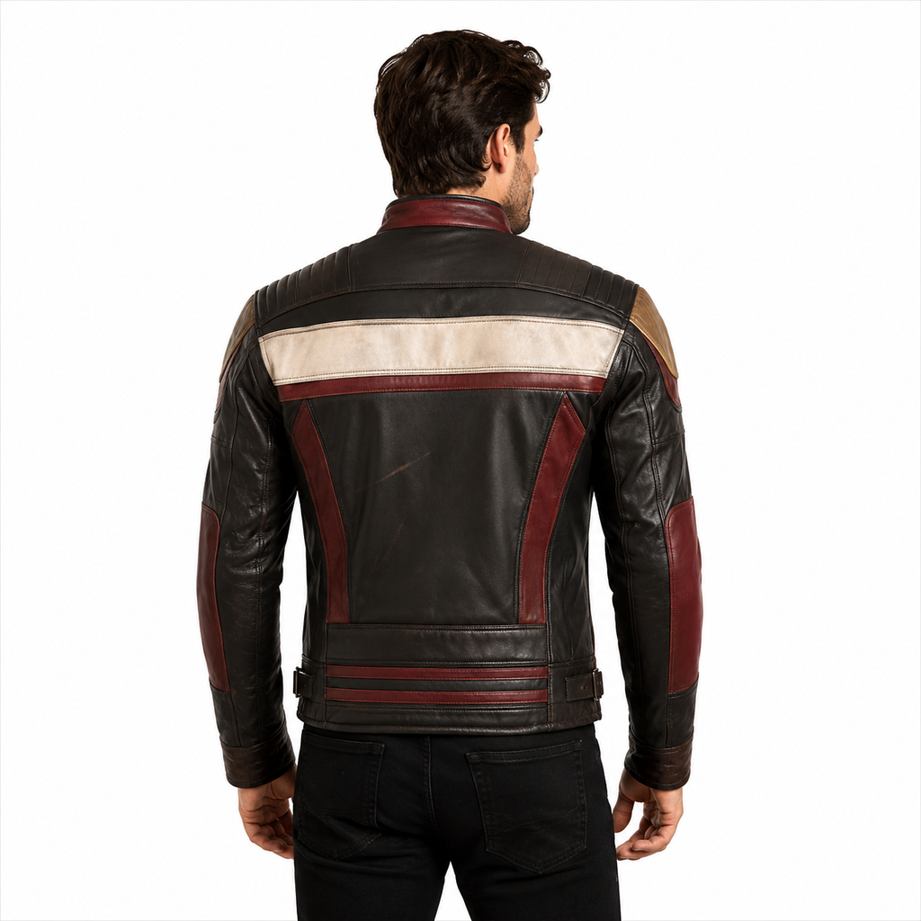 Panel Design Leather Motorcycle Jacket for Men Back View