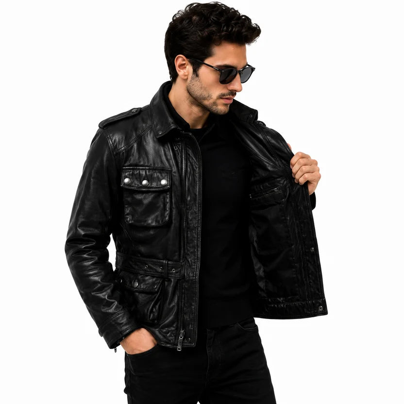 Four flap pockets with snap buttons on black leather field biker jacket