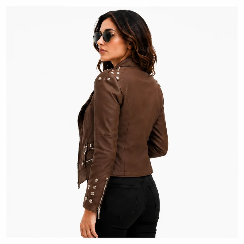 Brown Studded Leather Biker Jacket
