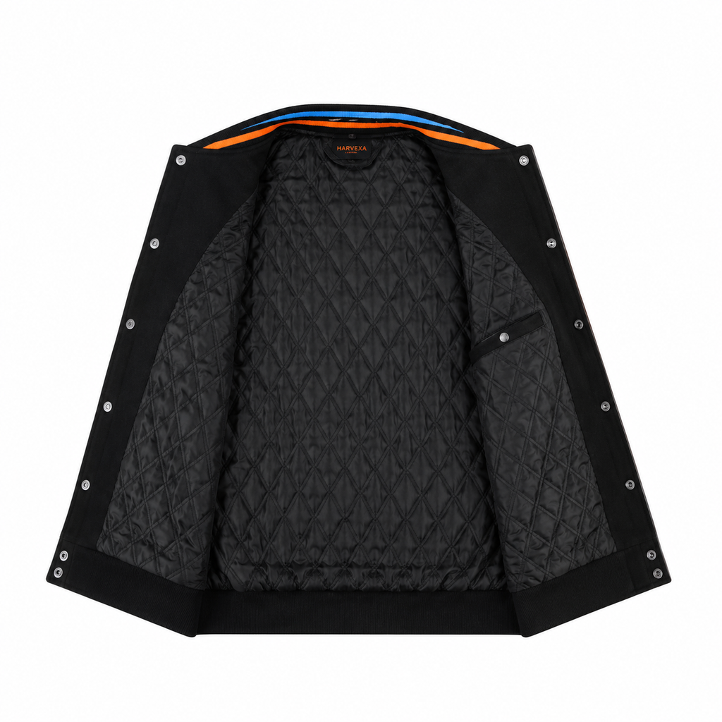 Black Leather New York Knicks Varsity Jacket with Knicks Logo and New York